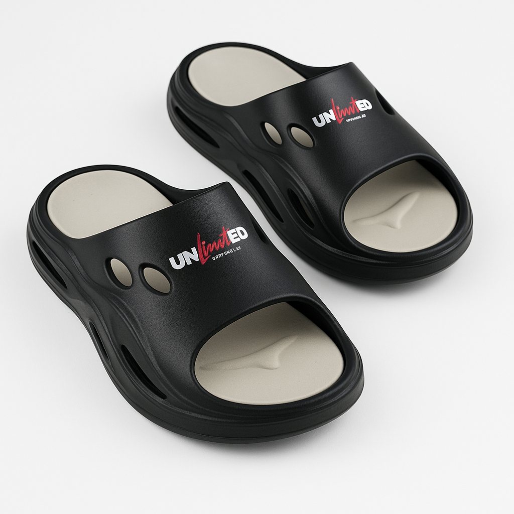 Black ergonomic men’s slides with cushion footbed